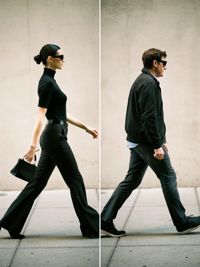 Two candid street photos: one person walking with striking upright posture, one with the ordinary subtle slouch
