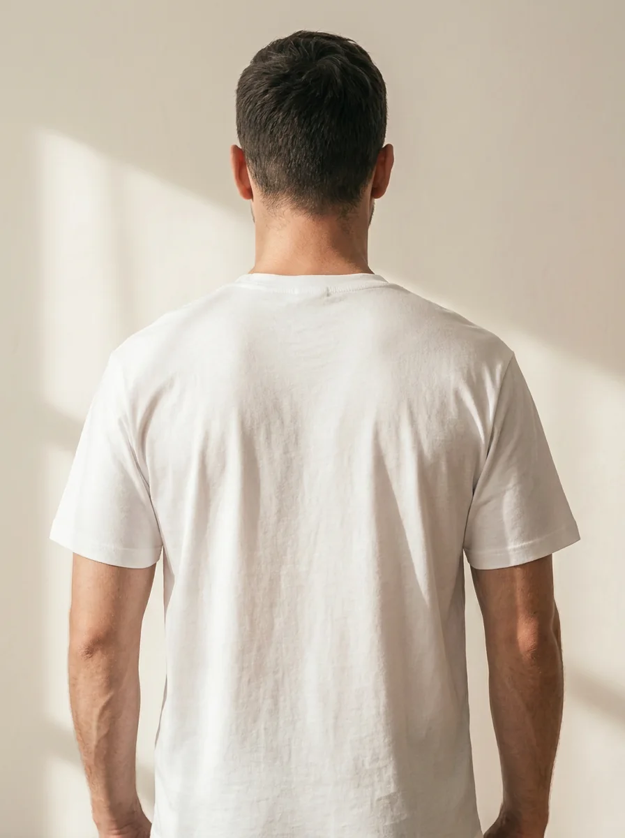 Same person wearing a loose t-shirt over Align+ — nothing visible